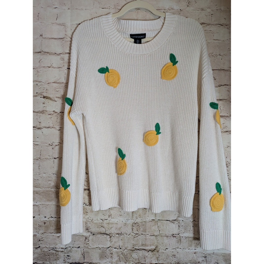 Cynthia Rowley Sweater Large Chunky Knit Lemon Embroidery Country‎ Cottage White